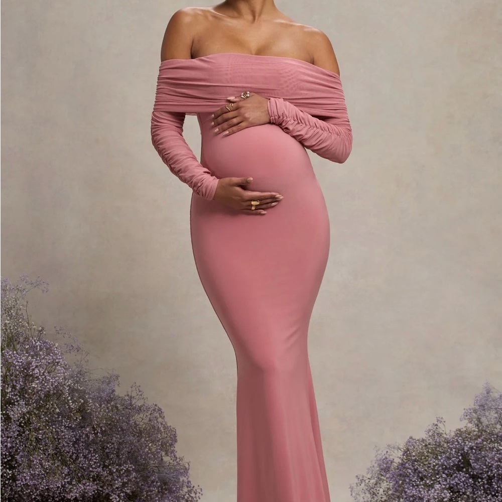 BLUSH PINK MATERNITY RUCHED MESH BARDOT MAXI DRESS